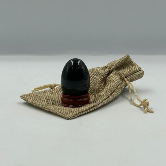 Black Obsidian Crystal Egg With Stand & Burlap Pouch - Picture 2 of 6